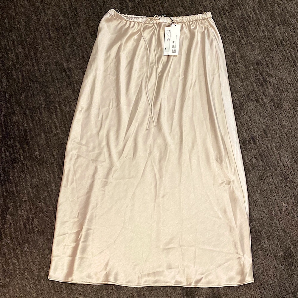 Zara NWT drawstring Champagne maxi silk slip skirt size L